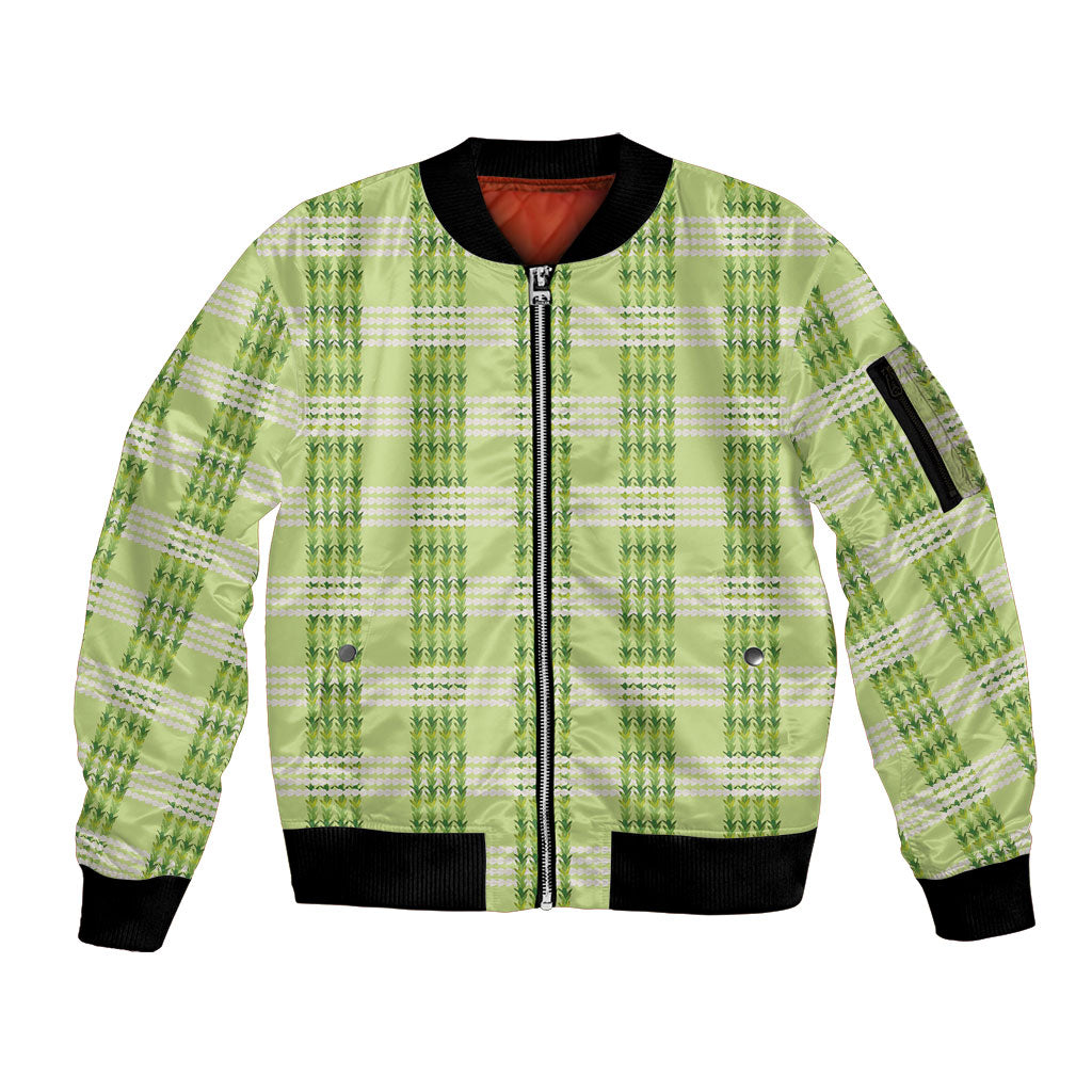Aloha Hawaii Pakalana Pikake Lei Sleeve Zip Bomber Jacket Palaka Inspired Hawaiian-plaid Pastel Green LT14 Unisex Green - Polynesian Pride
