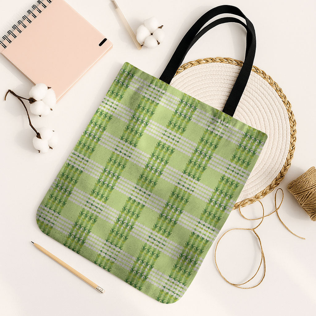 Aloha Hawaii Pakalana Pikake Lei Tote Bag Palaka Inspired Hawaiian-plaid Pastel Green LT14 Black Strap One Size Green - Polynesian Pride