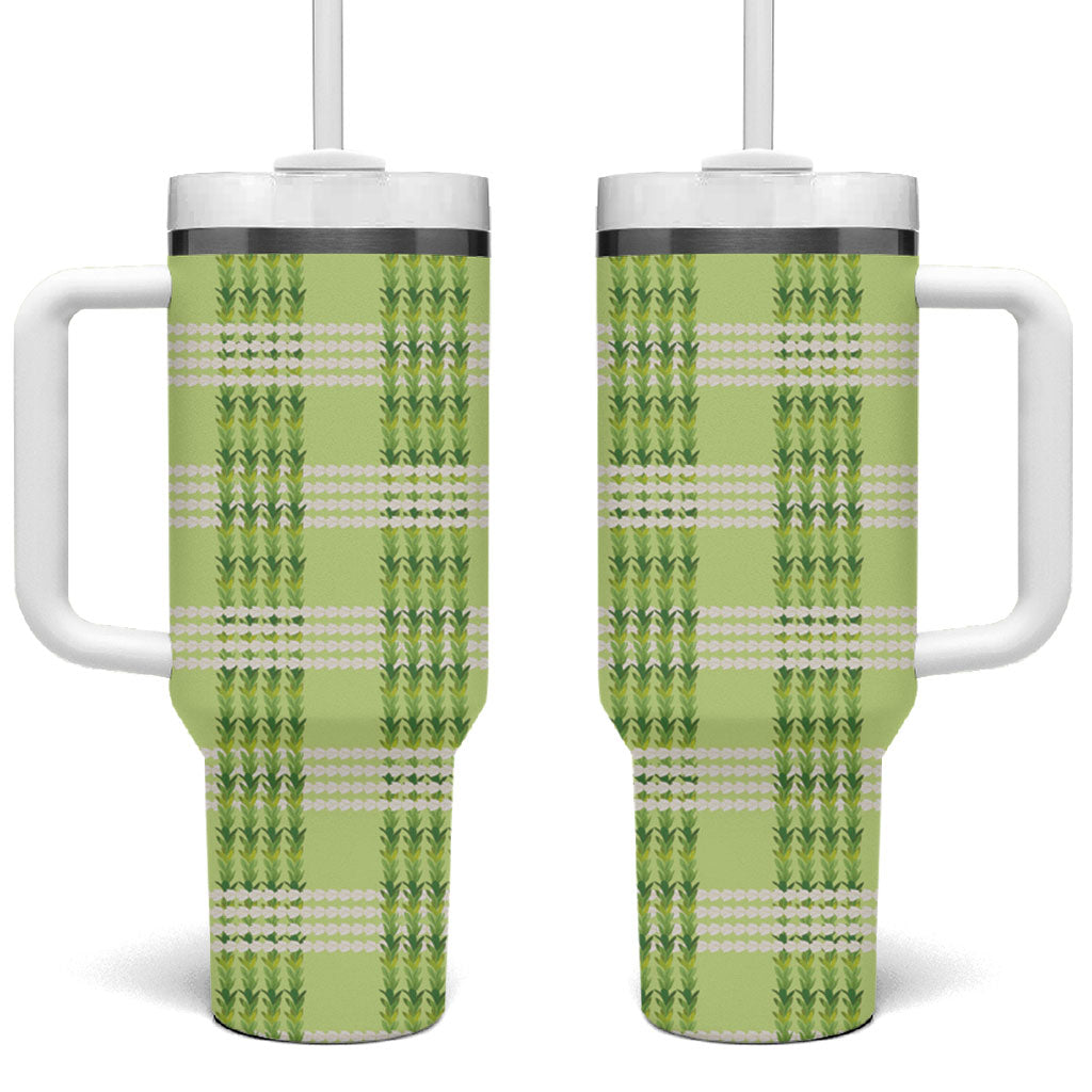 Aloha Hawaii Pakalana Pikake Lei Tumbler With Handle Palaka Inspired Hawaiian-plaid Pastel Green LT14 One Size: 40 oz Green - Polynesian Pride