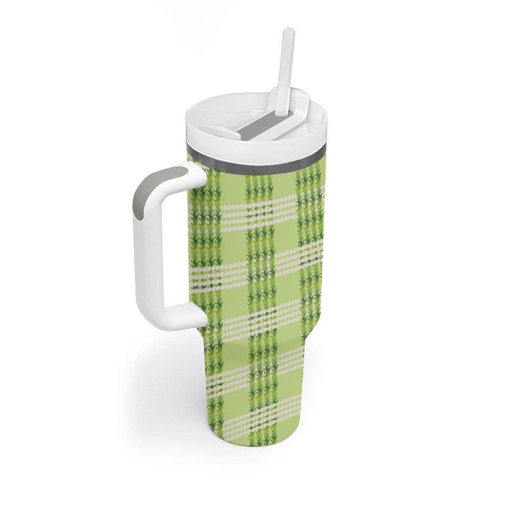 Aloha Hawaii Pakalana Pikake Lei Tumbler With Handle Palaka Inspired Hawaiian-plaid Pastel Green LT14 - Polynesian Pride