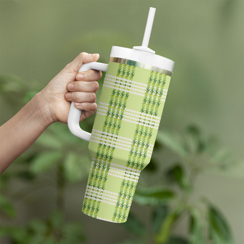 Aloha Hawaii Pakalana Pikake Lei Tumbler With Handle Palaka Inspired Hawaiian-plaid Pastel Green LT14 - Polynesian Pride
