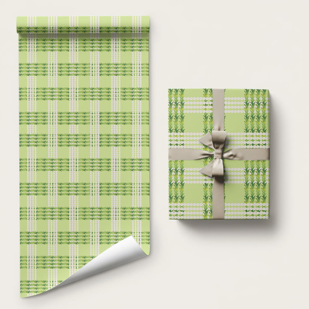 Aloha Hawaii Pakalana Pikake Lei Wrapping Paper Palaka Inspired Hawaiian-plaid Pastel Green LT14 58" × 23" Green - Polynesian Pride