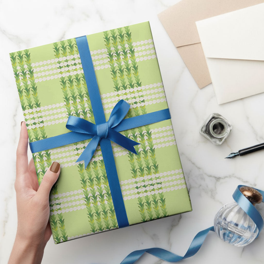 Aloha Hawaii Pakalana Pikake Lei Wrapping Paper Palaka Inspired Hawaiian-plaid Pastel Green LT14 - Polynesian Pride