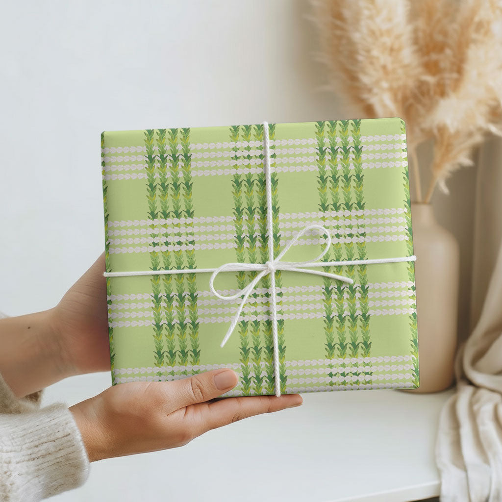 Aloha Hawaii Pakalana Pikake Lei Wrapping Paper Palaka Inspired Hawaiian-plaid Pastel Green LT14 - Polynesian Pride