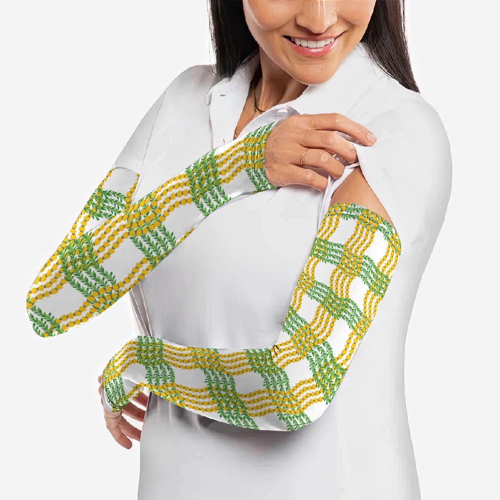 Aloha Hawaii Ilima Maile Lei Arm Sleeves Palaka Inspired Hawaiian-plaid White
