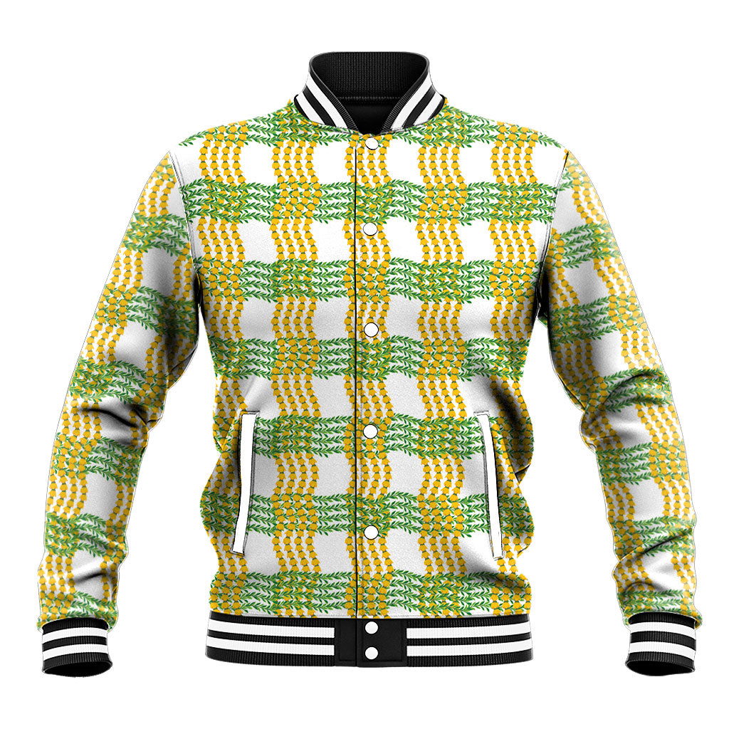 Aloha Hawaii Ilima Maile Lei Baseball Jacket Palaka Inspired Hawaiian-plaid White LT14 Unisex White - Polynesian Pride