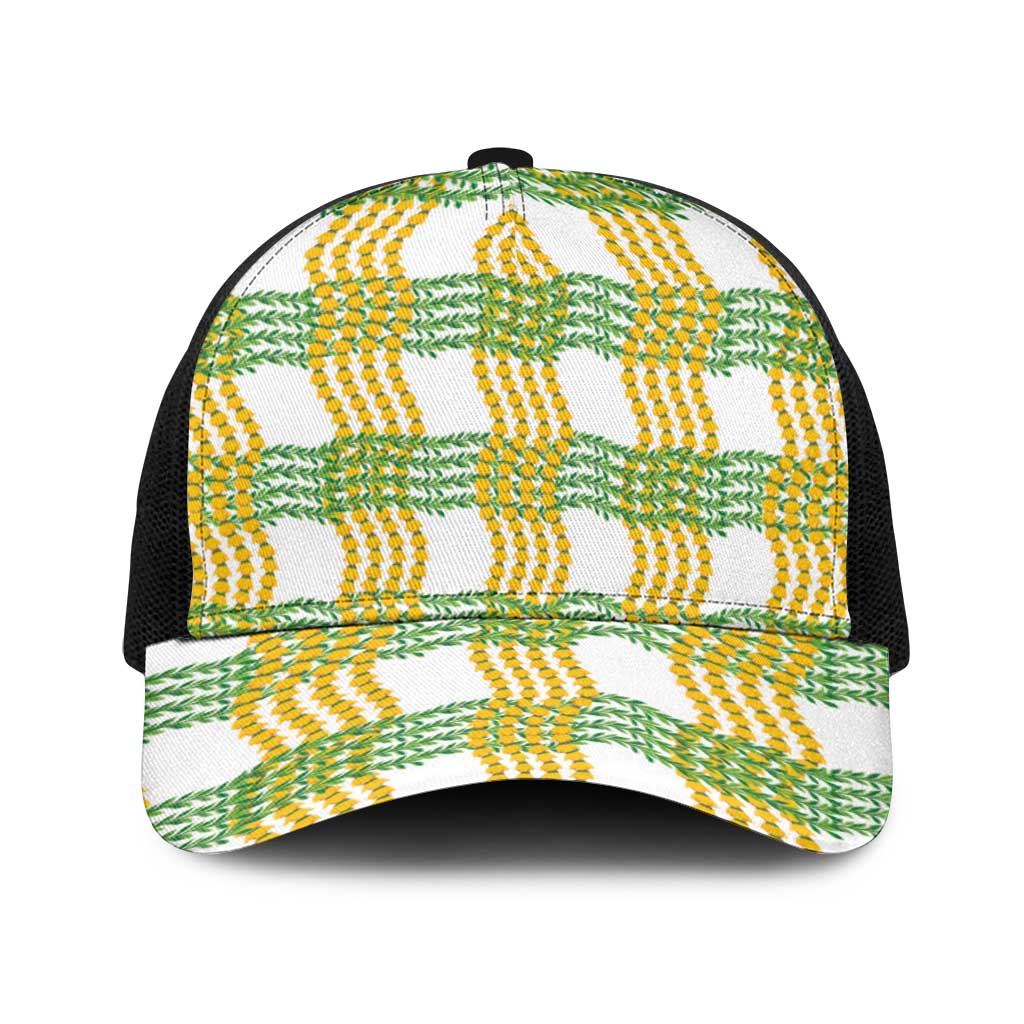 Aloha Hawaii Ilima Maile Lei Baseball Net Cap Palaka Inspired Hawaiian-plaid White LT14 One Size Black White - Polynesian Pride