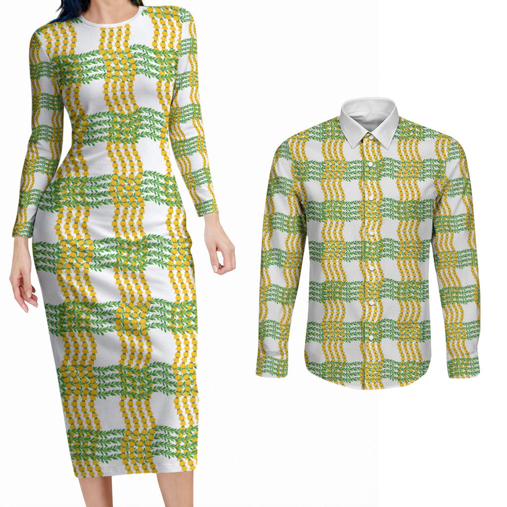 Aloha Hawaii Ilima Maile Lei Couples Matching Long Sleeve Bodycon Dress and Long Sleeve Button Shirt Palaka Inspired Hawaiian-plaid White LT14 White - Polynesian Pride