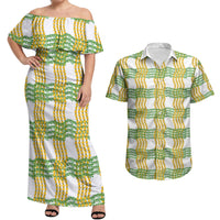 Aloha Hawaii Ilima Maile Lei Couples Matching Off Shoulder Maxi Dress and Hawaiian Shirt Palaka Inspired Hawaiian-plaid White LT14 White - Polynesian Pride
