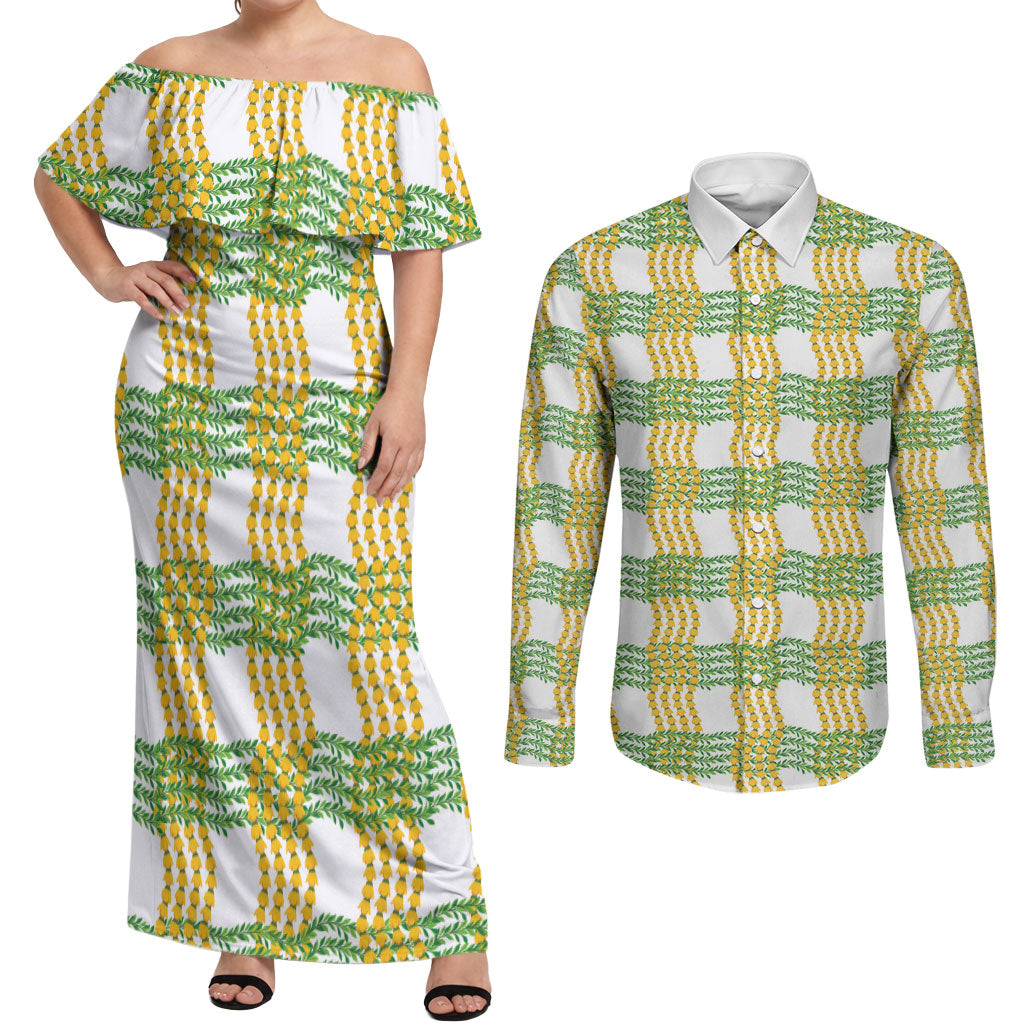Aloha Hawaii Ilima Maile Lei Couples Matching Off Shoulder Maxi Dress and Long Sleeve Button Shirt Palaka Inspired Hawaiian-plaid White LT14 White - Polynesian Pride