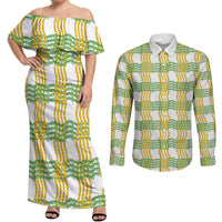 Aloha Hawaii Ilima Maile Lei Couples Matching Off Shoulder Maxi Dress and Long Sleeve Button Shirt Palaka Inspired Hawaiian-plaid White LT14 White - Polynesian Pride