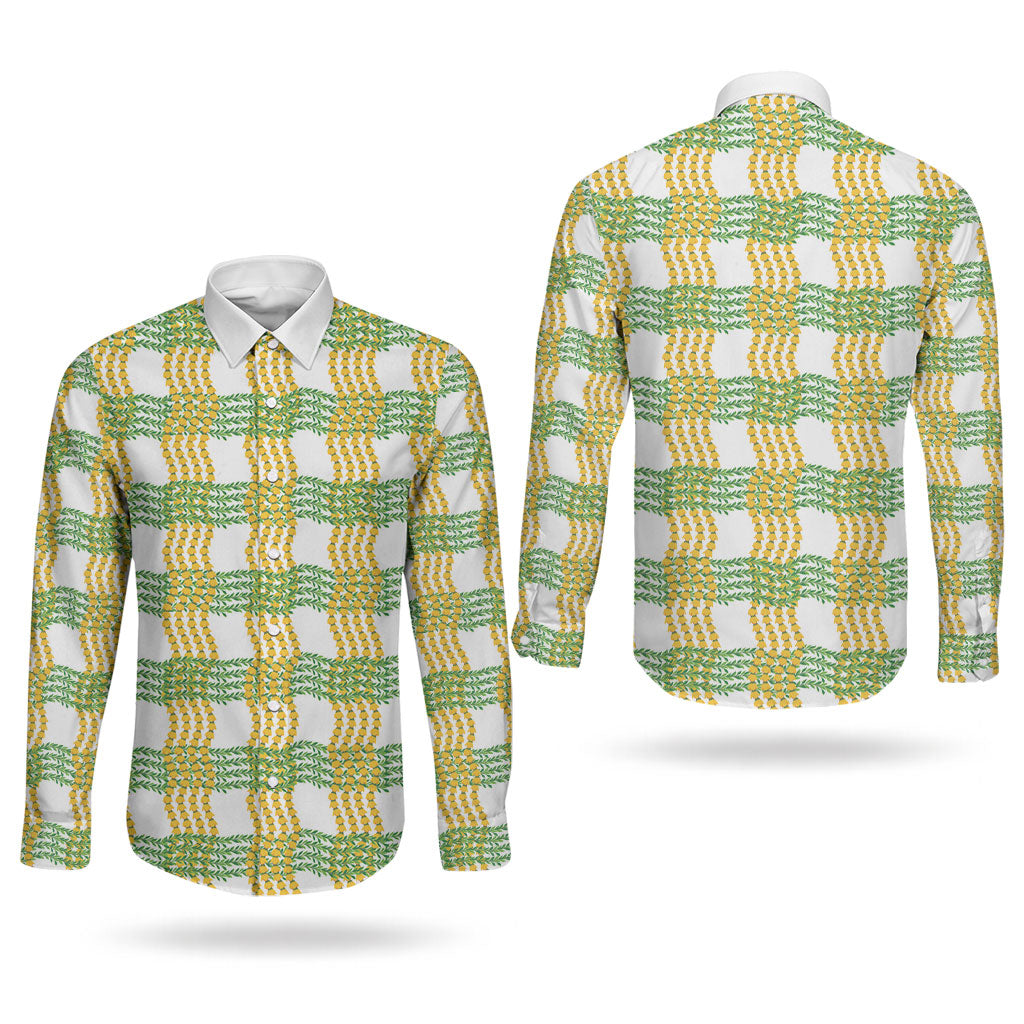 Aloha Hawaii Ilima Maile Lei Couples Matching Off Shoulder Maxi Dress and Long Sleeve Button Shirt Palaka Inspired Hawaiian-plaid White LT14 - Polynesian Pride