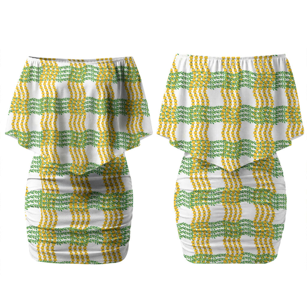Aloha Hawaii Ilima Maile Lei Couples Matching Off Shoulder Short Dress and Hawaiian Shirt Palaka Inspired Hawaiian-plaid White LT14 - Polynesian Pride