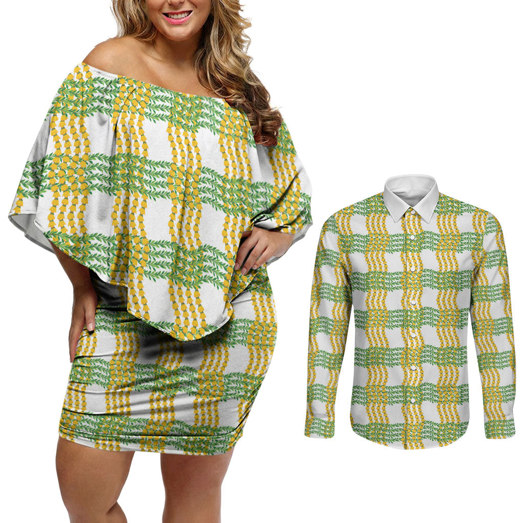 Aloha Hawaii Ilima Maile Lei Couples Matching Off Shoulder Short Dress and Long Sleeve Button Shirt Palaka Inspired Hawaiian-plaid White LT14 White - Polynesian Pride