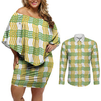 Aloha Hawaii Ilima Maile Lei Couples Matching Off Shoulder Short Dress and Long Sleeve Button Shirt Palaka Inspired Hawaiian-plaid White LT14 White - Polynesian Pride
