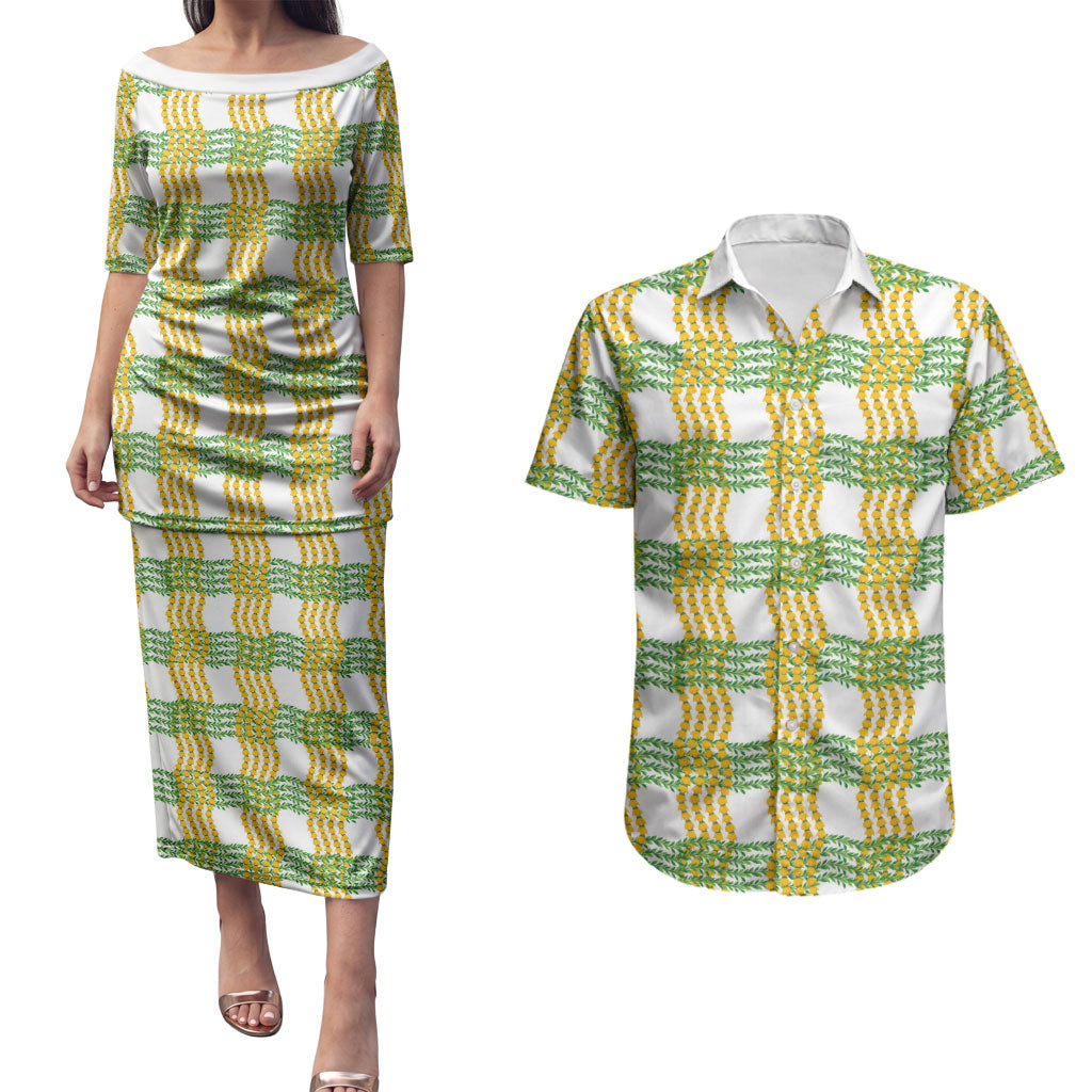 Aloha Hawaii Ilima Maile Lei Couples Matching Puletasi and Hawaiian Shirt Palaka Inspired Hawaiian-plaid White LT14 White - Polynesian Pride