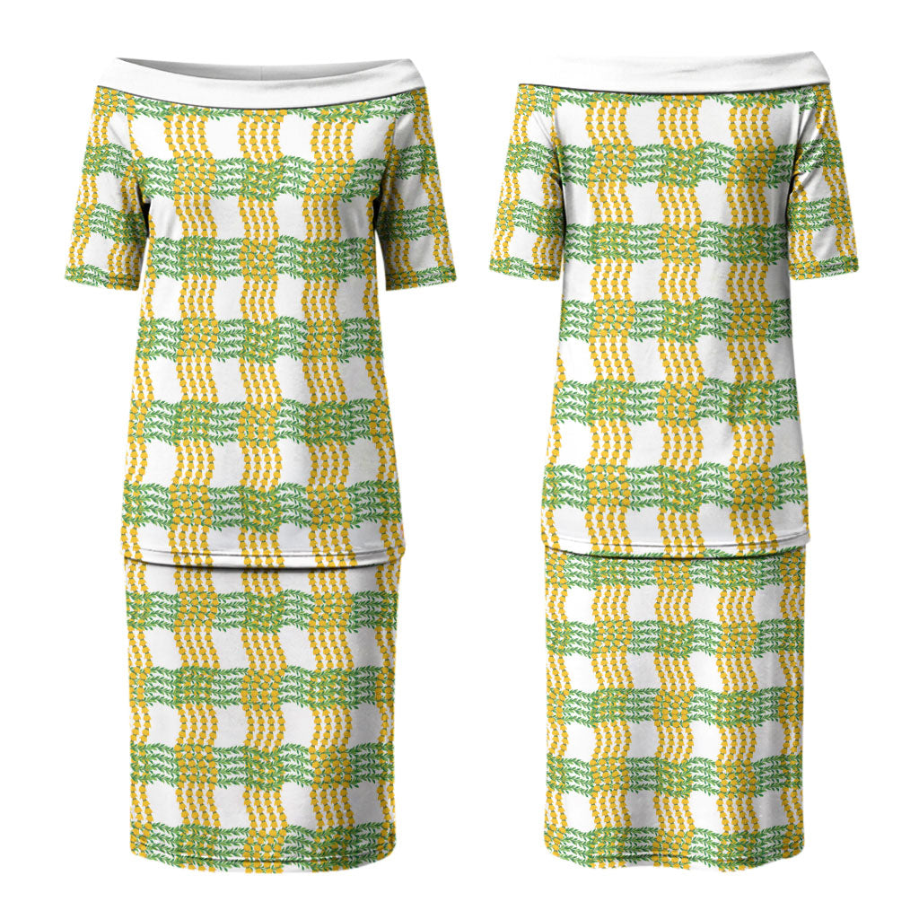 Aloha Hawaii Ilima Maile Lei Couples Matching Puletasi and Hawaiian Shirt Palaka Inspired Hawaiian-plaid White LT14 - Polynesian Pride