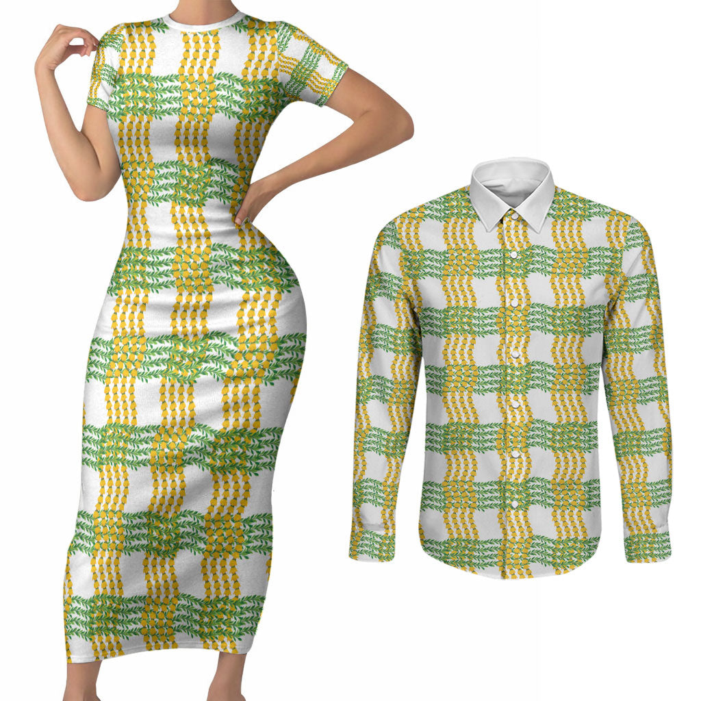 Aloha Hawaii Ilima Maile Lei Couples Matching Short Sleeve Bodycon Dress and Long Sleeve Button Shirt Palaka Inspired Hawaiian-plaid White LT14 White - Polynesian Pride