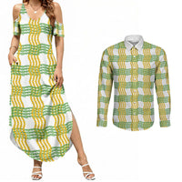 Aloha Hawaii Ilima Maile Lei Couples Matching Summer Maxi Dress and Long Sleeve Button Shirt Palaka Inspired Hawaiian-plaid White LT14 White - Polynesian Pride