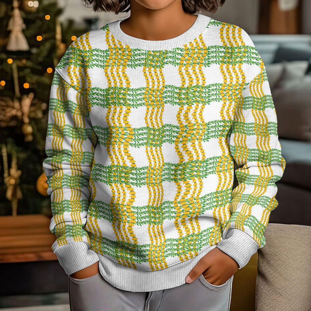 Aloha Hawaii Ilima Maile Lei Kid Ugly Christmas Sweater Palaka Inspired Hawaiian-plaid White LT14 - Polynesian Pride
