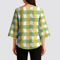 Aloha Hawaii Ilima Maile Lei Kimono Sleeve Blouse Palaka Inspired Hawaiian-plaid White