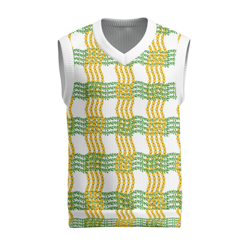 Aloha Hawaii Ilima Maile Lei Christmas Knitted V-Neck Vest Palaka Inspired Hawaiian-plaid White LT14 White - Polynesian Pride