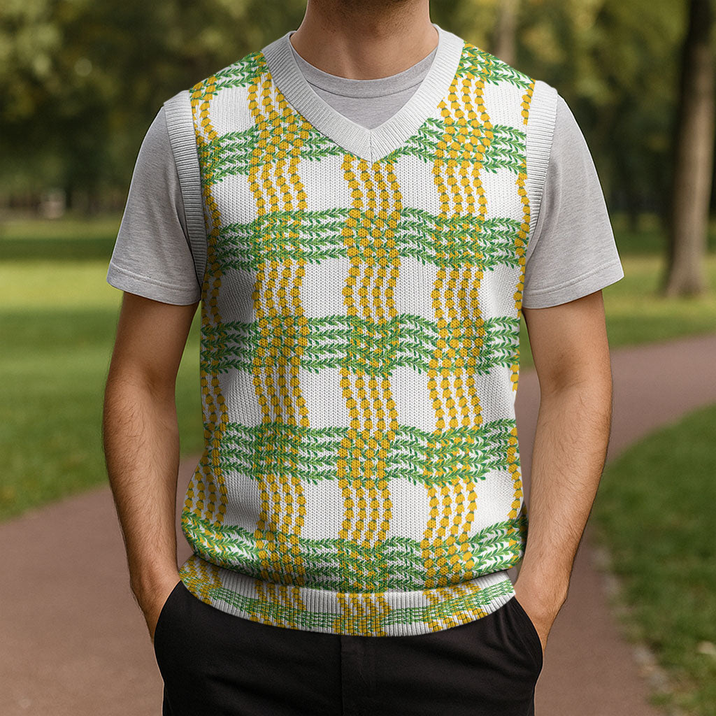 Aloha Hawaii Ilima Maile Lei Christmas Knitted V-Neck Vest Palaka Inspired Hawaiian-plaid White LT14 - Polynesian Pride