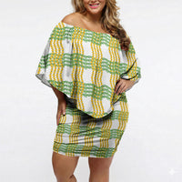 Aloha Hawaii Ilima Maile Lei Off Shoulder Short Dress Palaka Inspired Hawaiian-plaid White