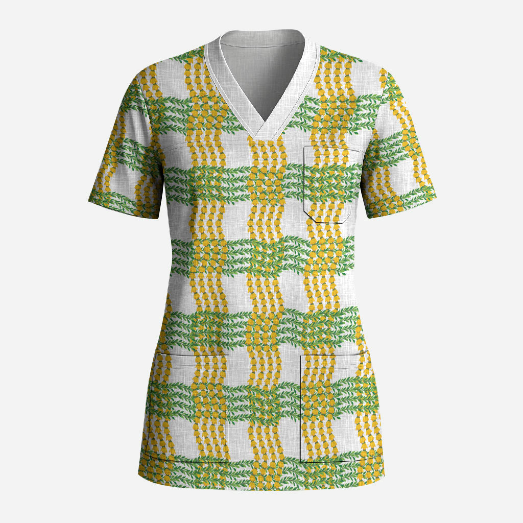 Aloha Hawaii Ilima Maile Lei Scrub Top Palaka Inspired Hawaiian-plaid White LT14 Adult White - Polynesian Pride