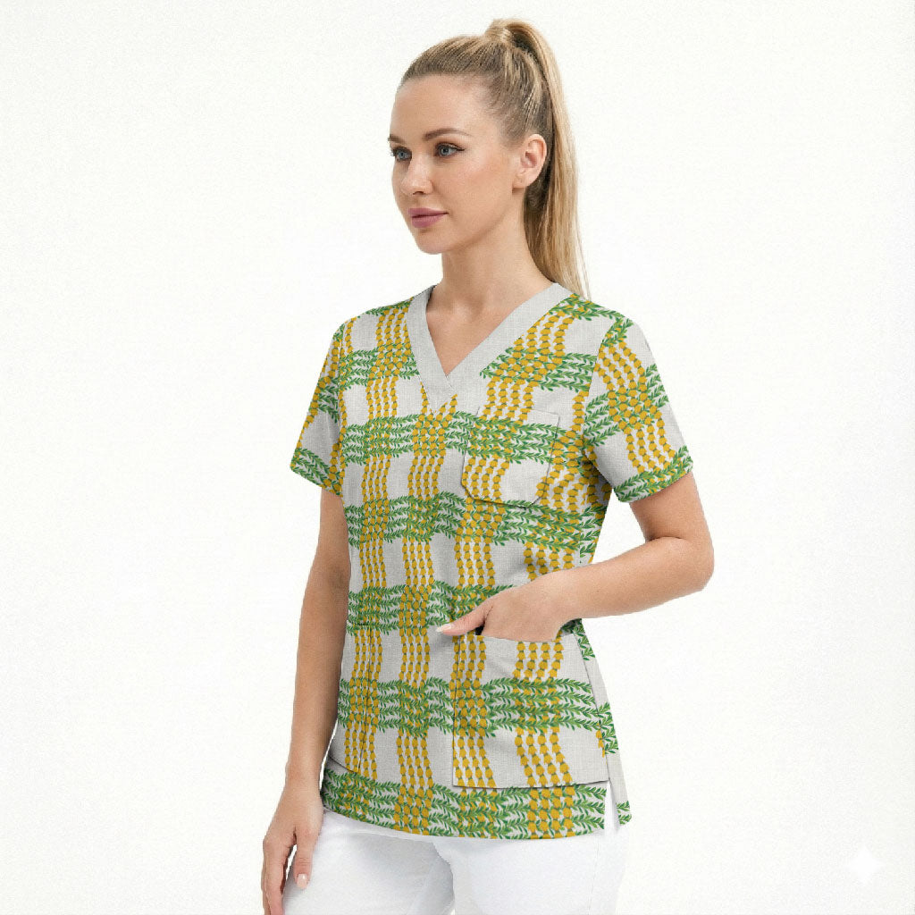 Aloha Hawaii Ilima Maile Lei Scrub Top Palaka Inspired Hawaiian-plaid White