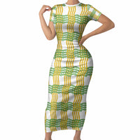 Aloha Hawaii Ilima Maile Lei Short Sleeve Bodycon Dress Palaka Inspired Hawaiian-plaid White LT14 Long Dress White - Polynesian Pride