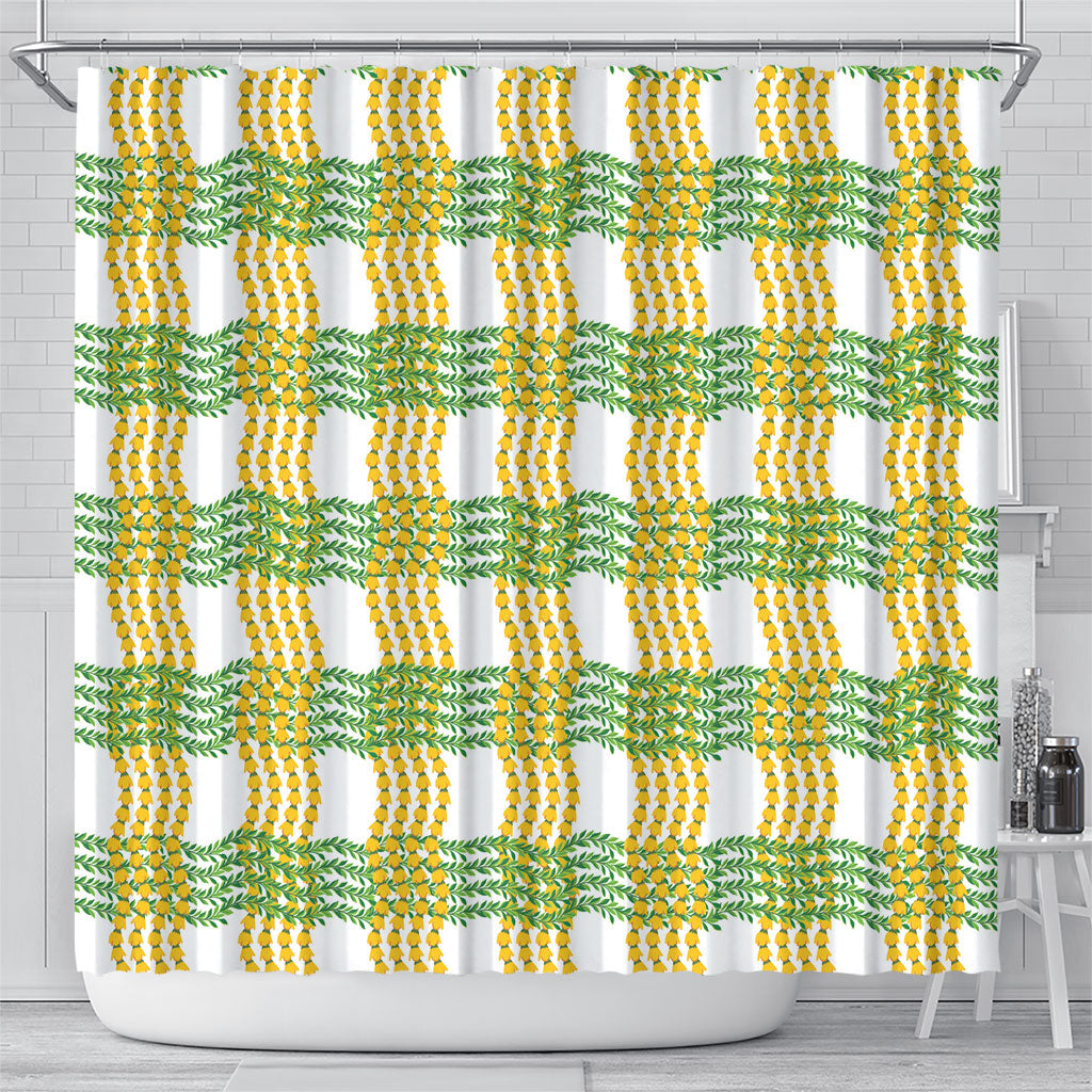 Aloha Hawaii Ilima Maile Lei Shower Curtain Palaka Inspired Hawaiian-plaid White