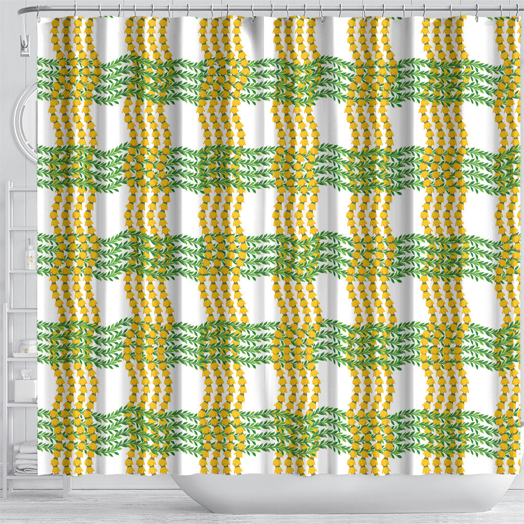 Aloha Hawaii Ilima Maile Lei Shower Curtain Palaka Inspired Hawaiian-plaid White