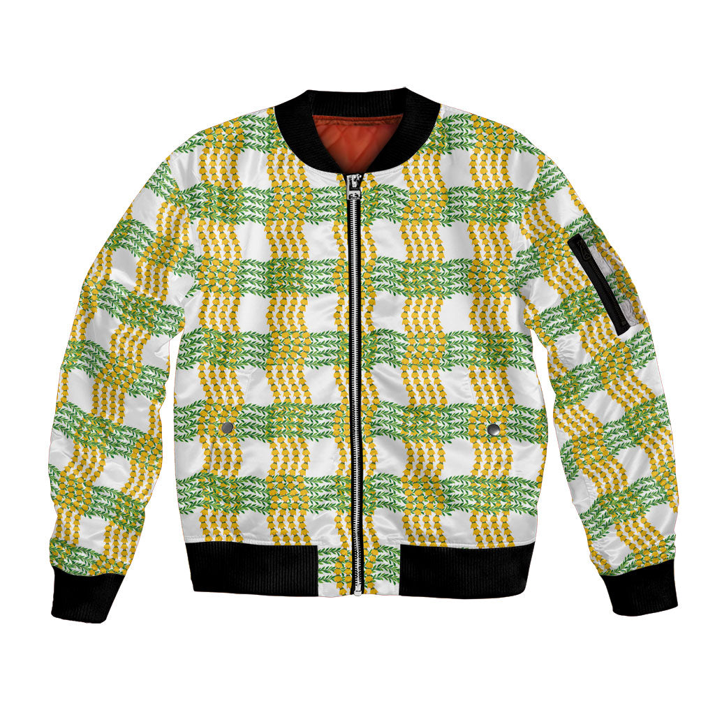 Aloha Hawaii Ilima Maile Lei Sleeve Zip Bomber Jacket Palaka Inspired Hawaiian-plaid White LT14 Unisex White - Polynesian Pride