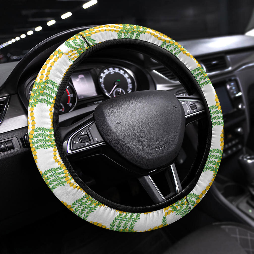 Aloha Hawaii Ilima Maile Lei Steering Wheel Cover Palaka Inspired Hawaiian-plaid White LT14 Universal Fit White - Polynesian Pride