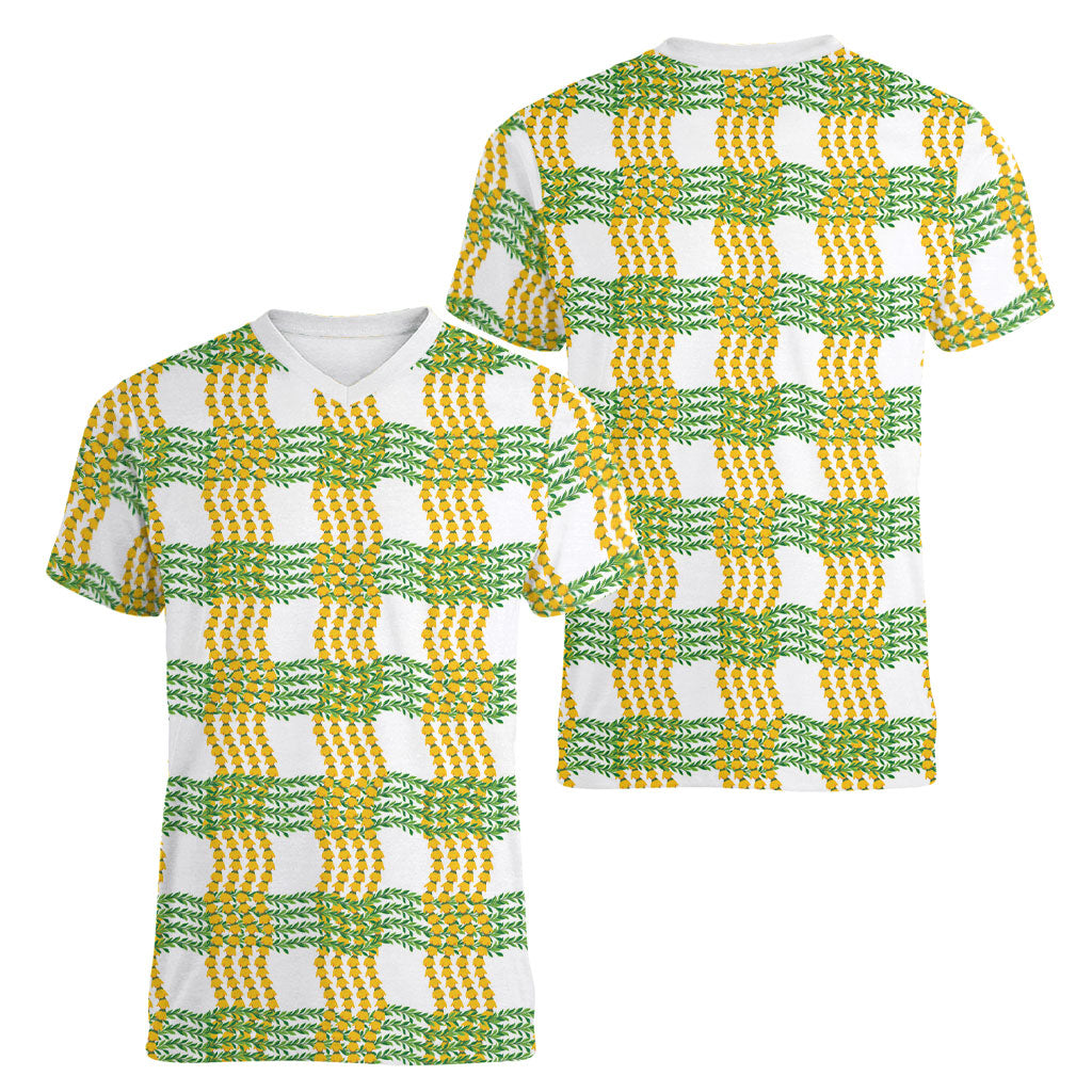 Aloha Hawaii Ilima Maile Lei Women V-Neck T-Shirt Palaka Inspired Hawaiian-plaid White LT14 - Polynesian Pride