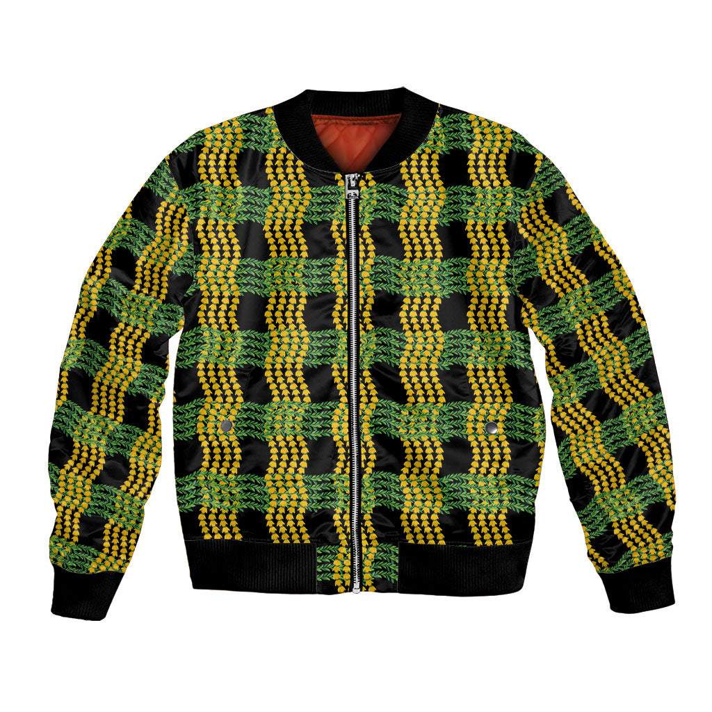 Aloha Hawaii Ilima Maile Lei Bomber Jacket Palaka Inspired Hawaiian-plaid Black