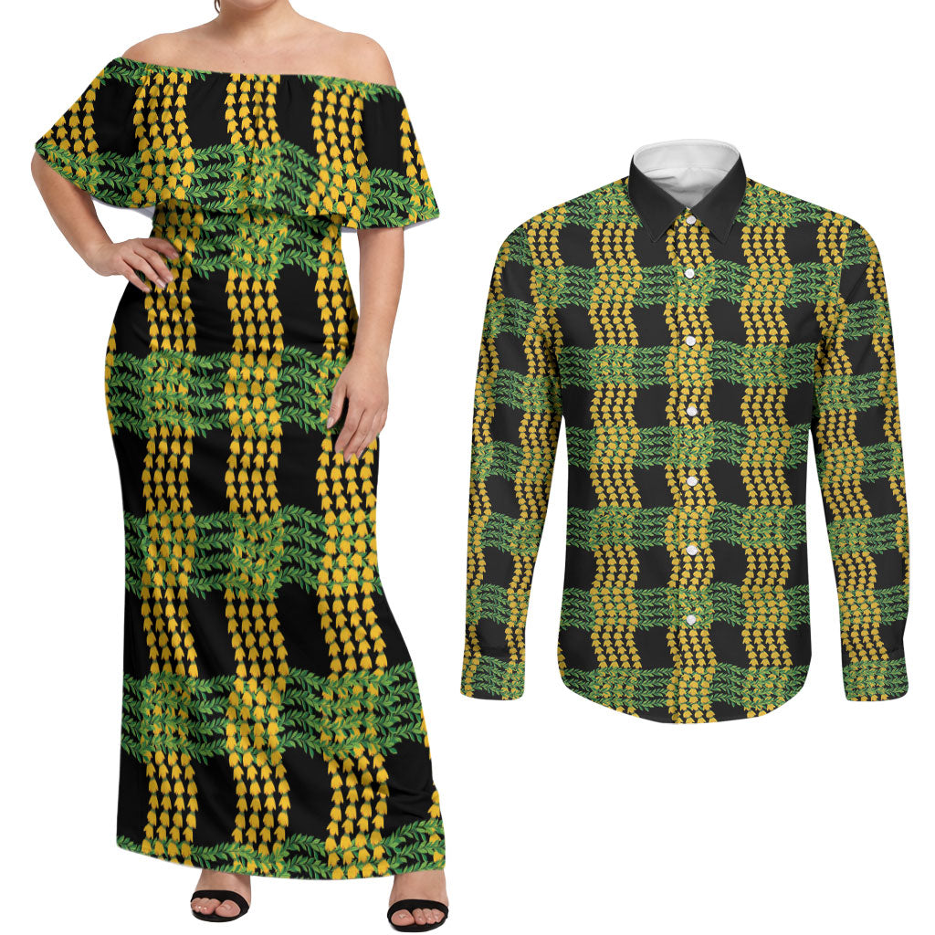 Aloha Hawaii Ilima Maile Lei Couples Matching Off Shoulder Maxi Dress and Long Sleeve Button Shirt Palaka Inspired Hawaiian-plaid Black