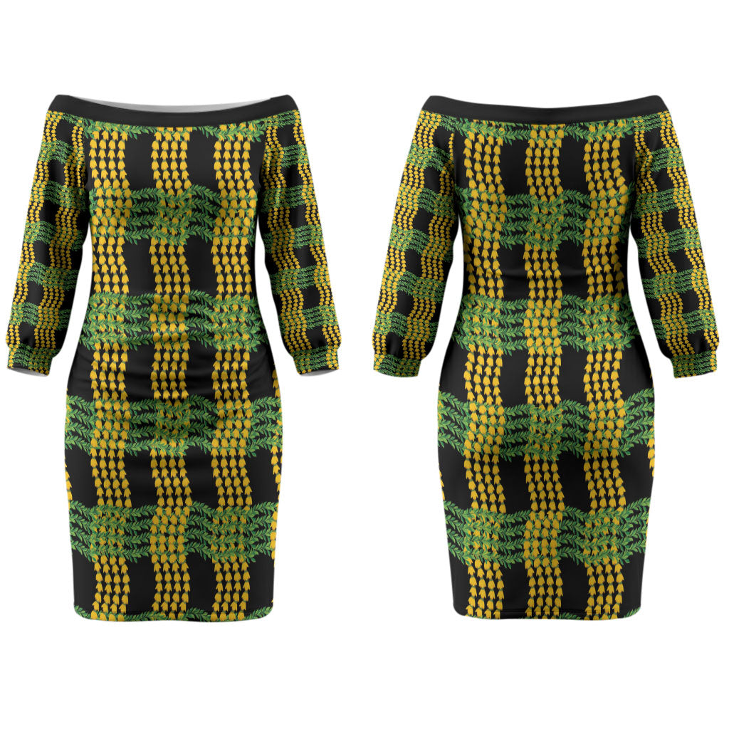 Aloha Hawaii Ilima Maile Lei Couples Matching Off The Shoulder Long Sleeve Dress and Long Sleeve Button Shirt Palaka Inspired Hawaiian-plaid Black LT14 - Polynesian Pride