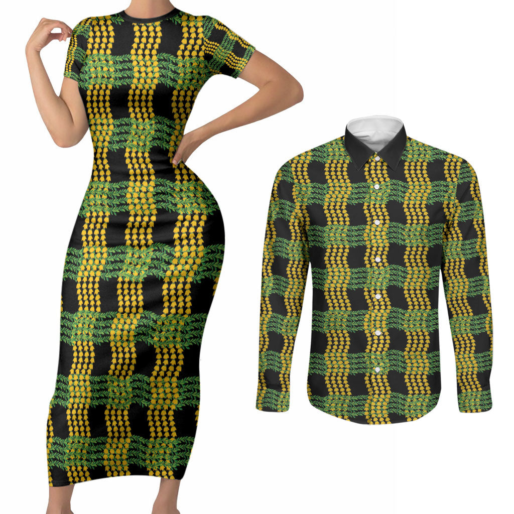 Aloha Hawaii Ilima Maile Lei Couples Matching Short Sleeve Bodycon Dress and Long Sleeve Button Shirt Palaka Inspired Hawaiian-plaid Black LT14 Black - Polynesian Pride