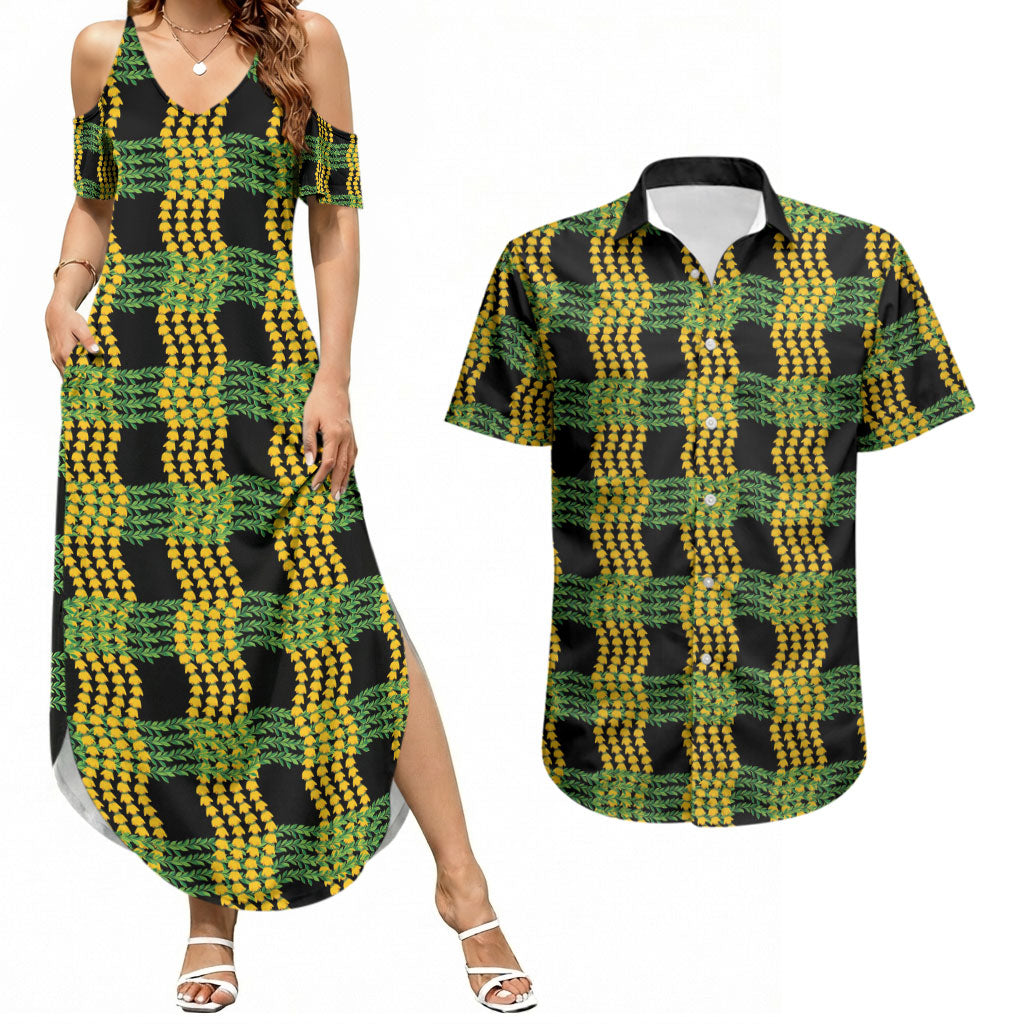 Aloha Hawaii Ilima Maile Lei Couples Matching Summer Maxi Dress and Hawaiian Shirt Palaka Inspired Hawaiian-plaid Black LT14 Black - Polynesian Pride