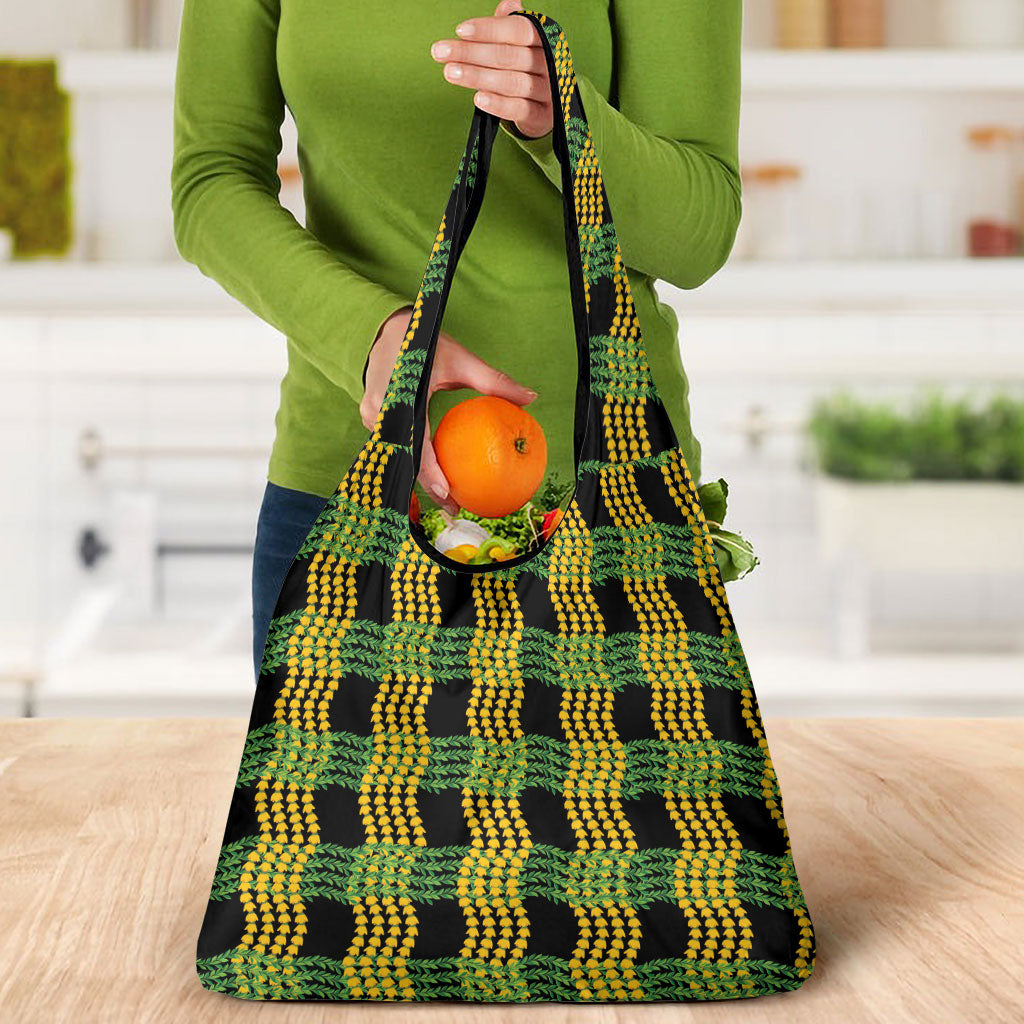 Aloha Hawaii Ilima Maile Lei Grocery Bag Palaka Inspired Hawaiian-plaid Black