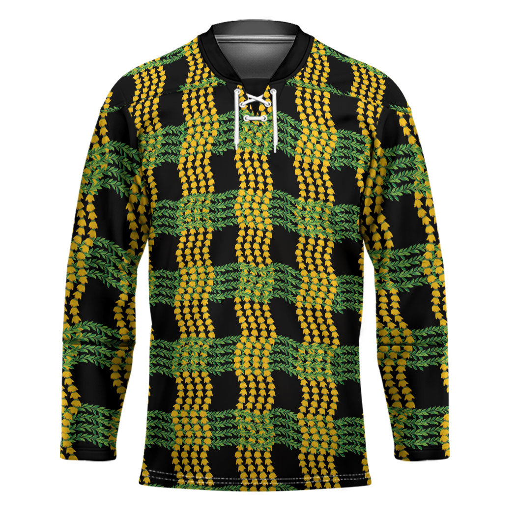 Aloha Hawaii Ilima Maile Lei Hockey Jersey Palaka Inspired Hawaiian-plaid Black LT14 Unisex Black - Polynesian Pride