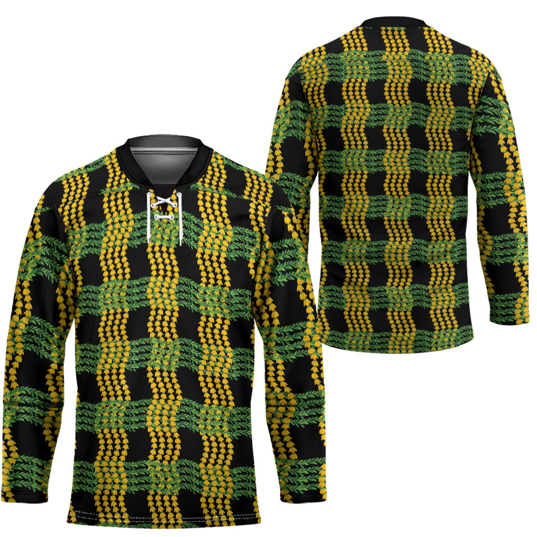 Aloha Hawaii Ilima Maile Lei Hockey Jersey Palaka Inspired Hawaiian-plaid Black LT14 - Polynesian Pride