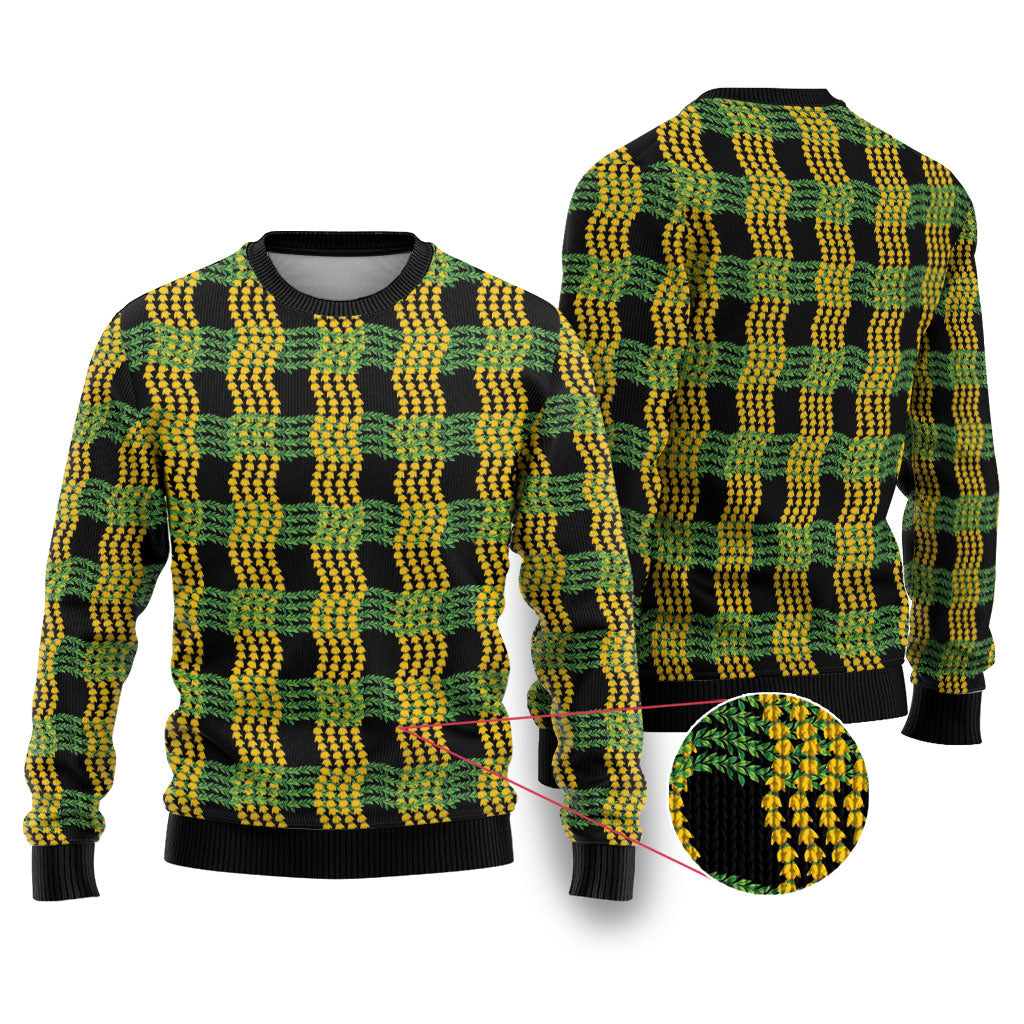 Aloha Hawaii Ilima Maile Lei Ugly Christmas Sweater Palaka Inspired Hawaiian-plaid Black