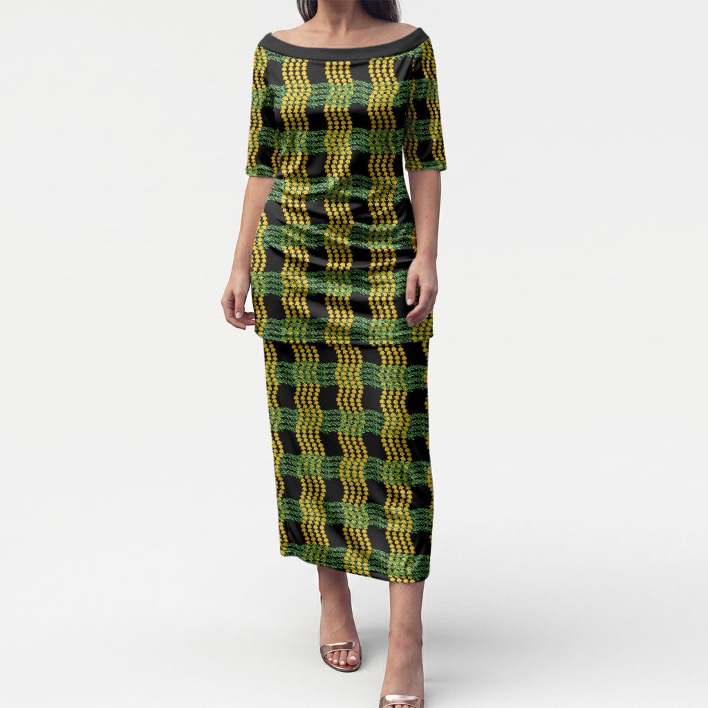 Aloha Hawaii Ilima Maile Lei Puletasi Palaka Inspired Hawaiian-plaid Black LT14 Long Dress Black - Polynesian Pride