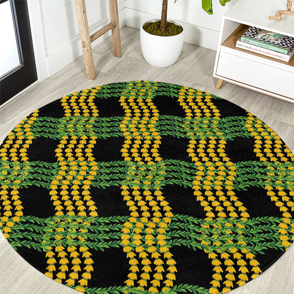 Aloha Hawaii Ilima Maile Lei Round Carpet Palaka Inspired Hawaiian-plaid Black LT14 Black - Polynesian Pride