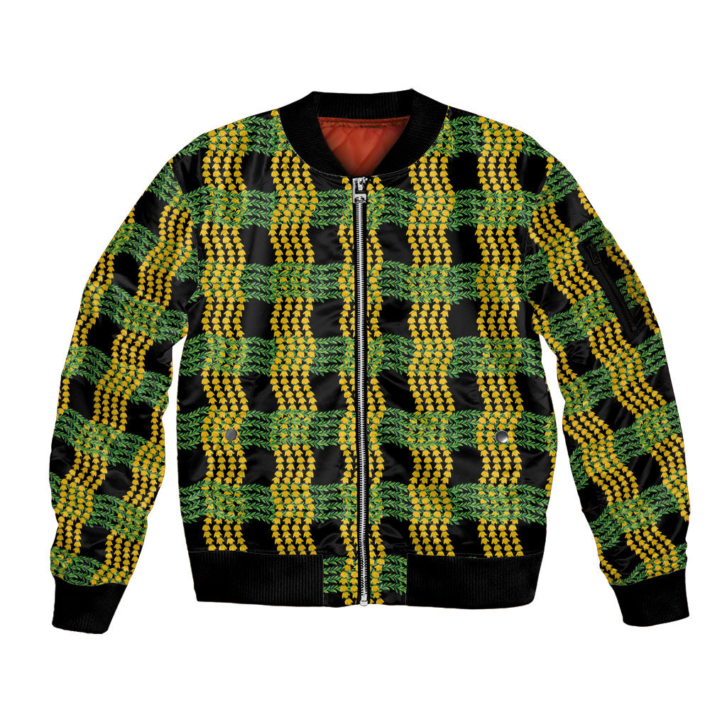 Aloha Hawaii Ilima Maile Lei Sleeve Zip Bomber Jacket Palaka Inspired Hawaiian-plaid Black LT14 Unisex Black - Polynesian Pride