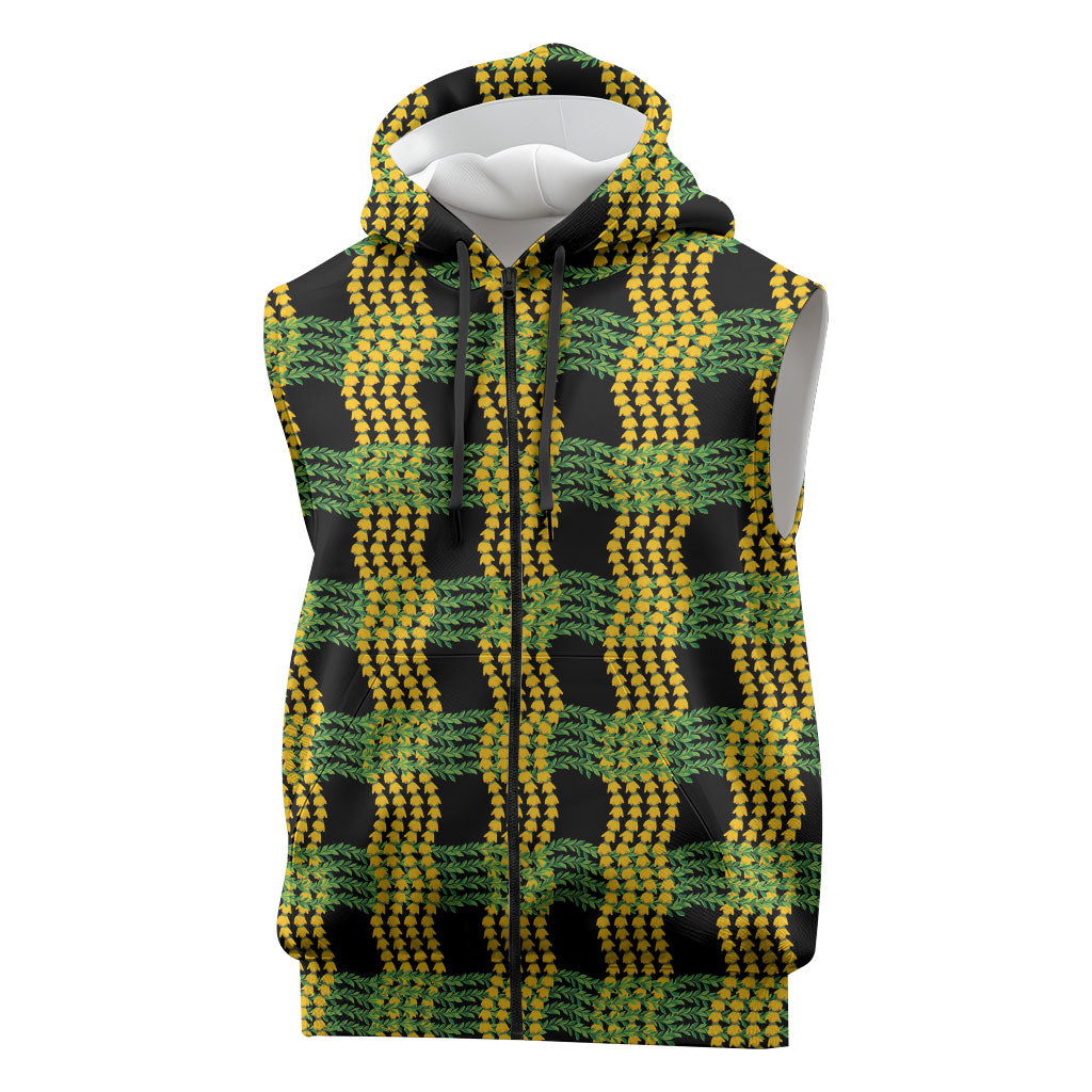 Aloha Hawaii Ilima Maile Lei Sleeveless Zip Hoodie Palaka Inspired Hawaiian-plaid Black LT14 Black - Polynesian Pride