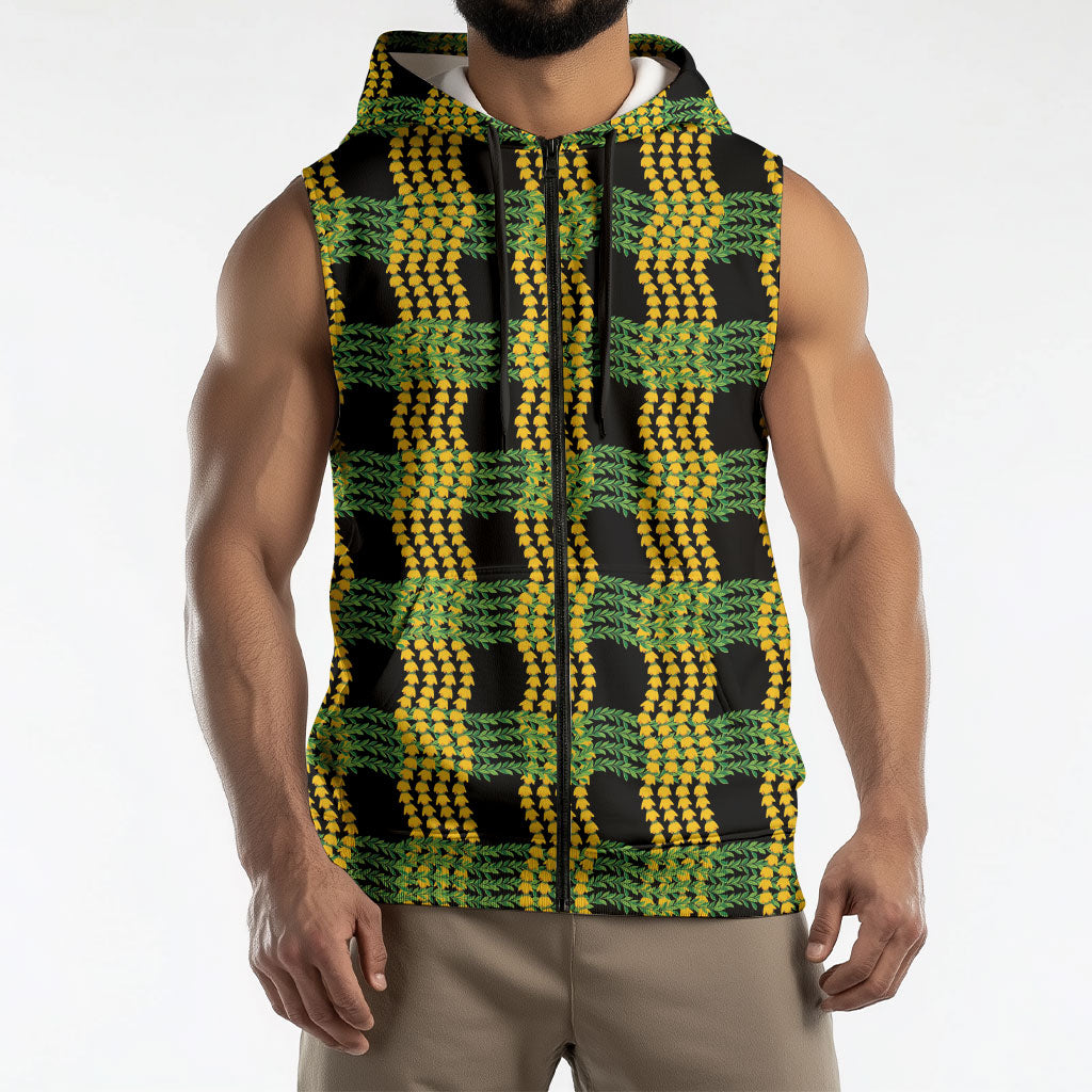 Aloha Hawaii Ilima Maile Lei Sleeveless Zip Hoodie Palaka Inspired Hawaiian-plaid Black LT14 - Polynesian Pride
